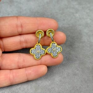 Freida Rothman 14K Gold over Sterling Silver Pave Crystal Clover Drop Earrings